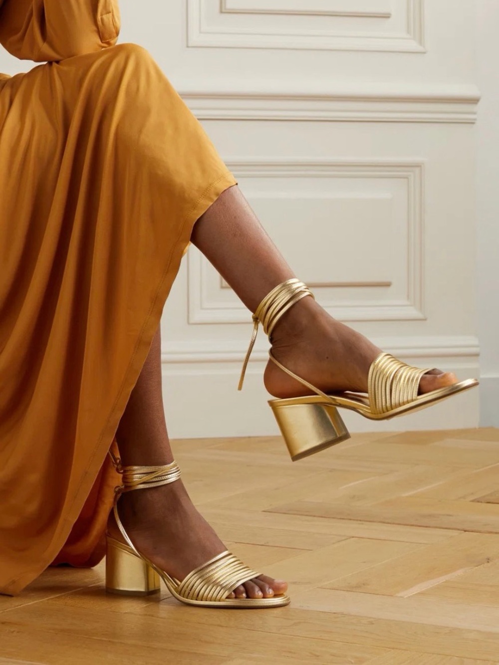 Aeyde Metallic Strappy Block Heels in Gold